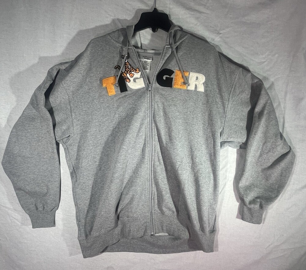 Walt Disney World Tigger Full Zip Up Hoodie Size Large Gray Embroidered